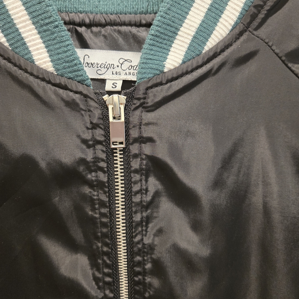 Sovereign Code Black Varsity Jacket With Green St… - image 4